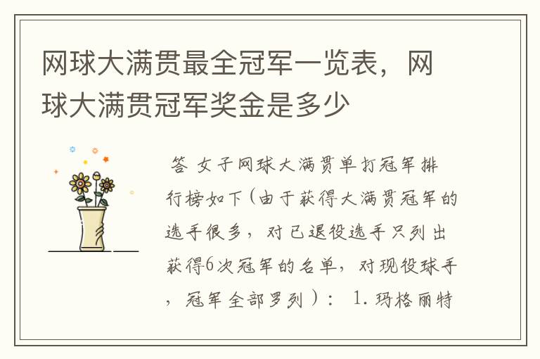 网球大满贯最全冠军一览表,网球大满贯冠军奖金是多少