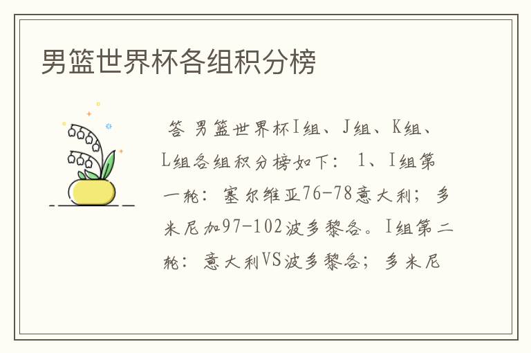男篮世界杯各组积分榜