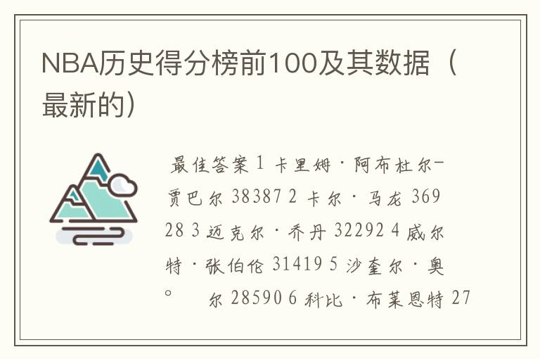 NBA历史得分榜前100及其数据(最新的)