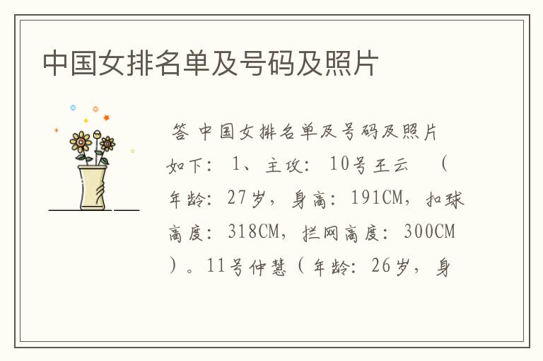 中国女排名单及号码及照片