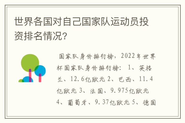 世界各国对自己国家队运动员投资排名情况?
