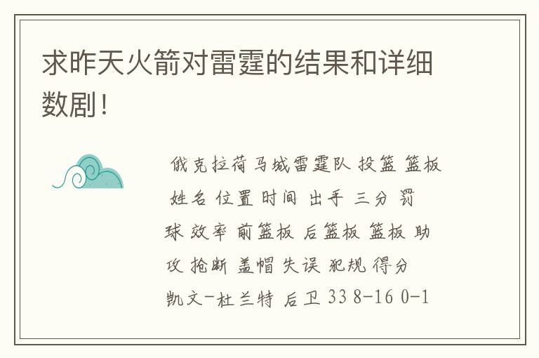 求昨天火箭对雷霆的结果和详细数剧!