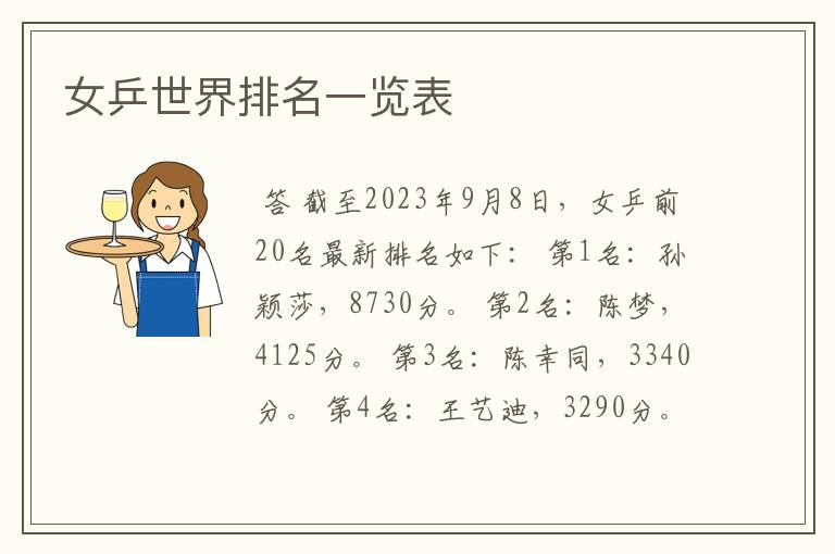 女乒世界排名一览表