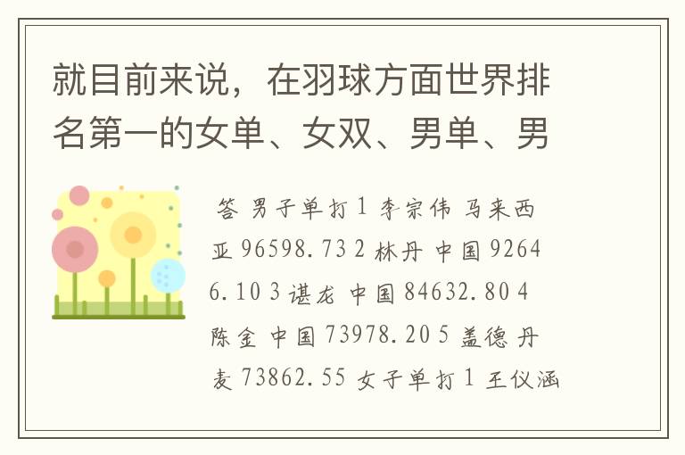 就目前来说,在羽球方面世界排名第一的女单、女双、男单、男双跟混双各是哪个国家的选手?