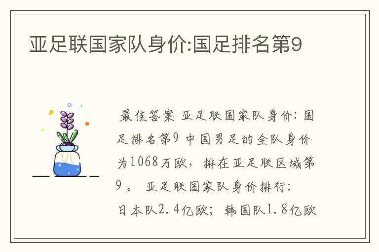 亚足联国家队身价:国足排名第9