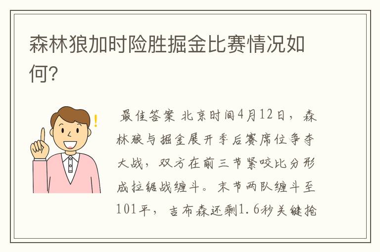 森林狼加时险胜掘金比赛情况如何?