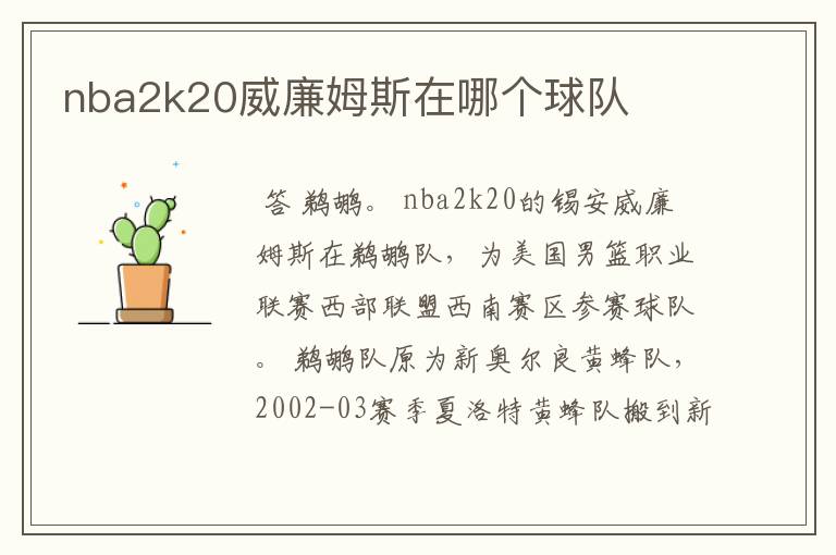 nba2k20威廉姆斯在哪个球队
