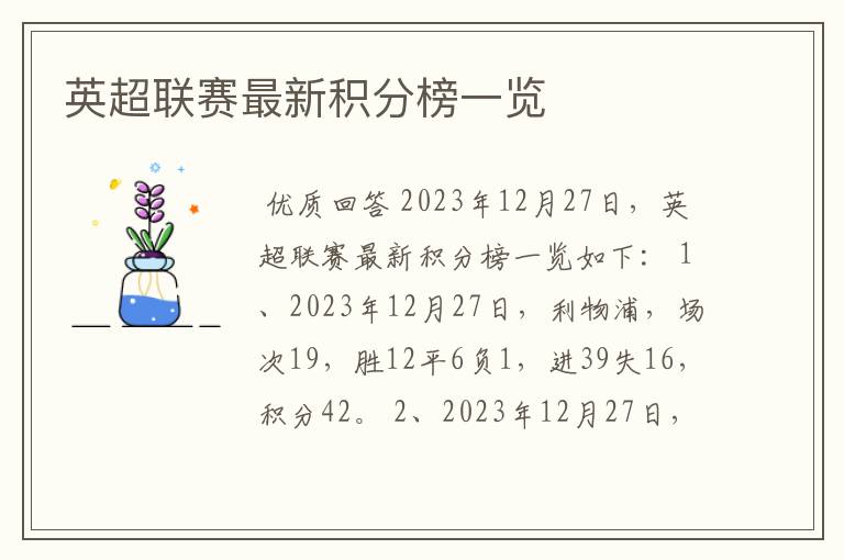 英超联赛最新积分榜一览
