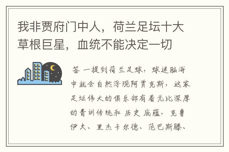我非贾府门中人，荷兰足坛十大草根巨星，血统不能决定一切