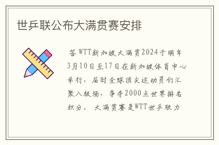 世乒联公布大满贯赛安排