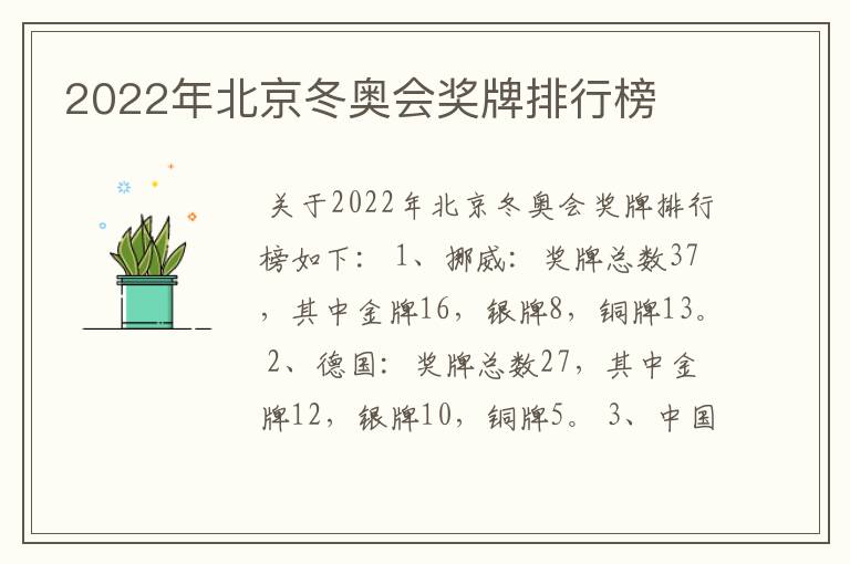 2022年北京冬奥会奖牌排行榜