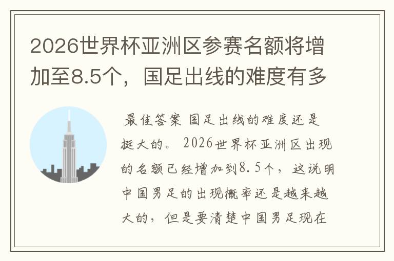 2026世界杯亚洲区参赛名额将增加至8.5个,国足出线的难度有多大?
