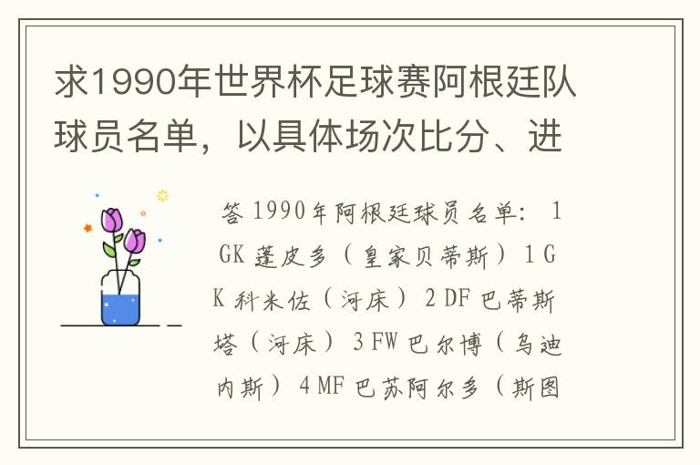 求1990年世界杯足球赛阿根廷队球员名单,以具体场次比分、进球者