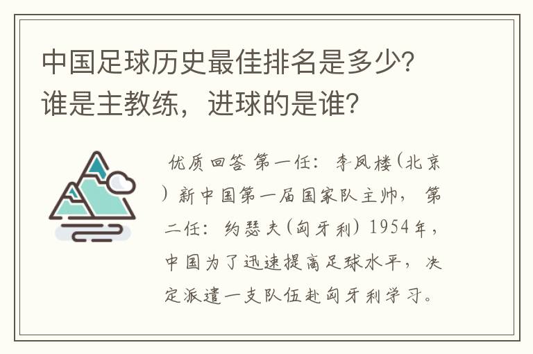 中国足球历史最佳排名是多少?谁是主教练,进球的是谁?