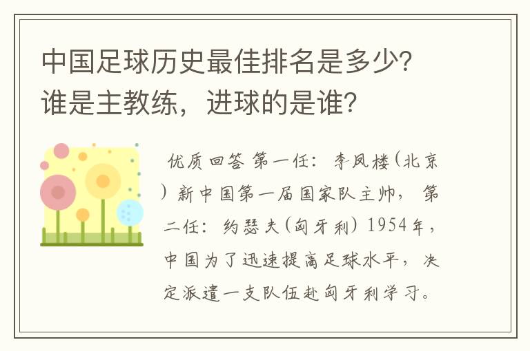 中国足球历史最佳排名是多少?谁是主教练,进球的是谁?