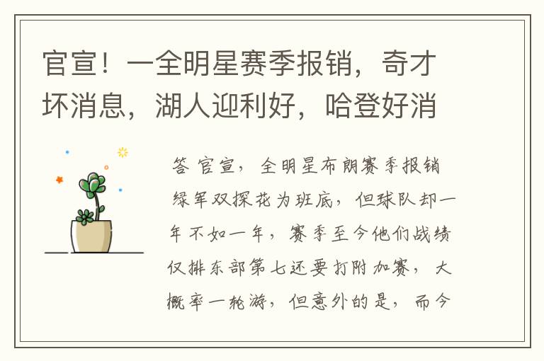 官宣！一全明星赛季报销，奇才坏消息，湖人迎利好，哈登好消息