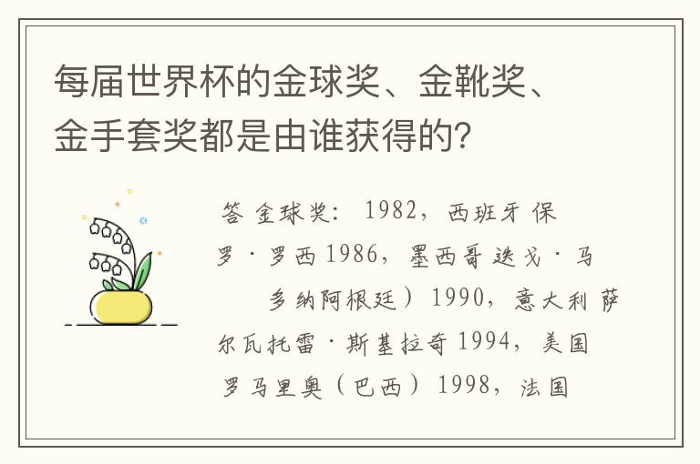 每届世界杯的金球奖、金靴奖、金手套奖都是由谁获得的?