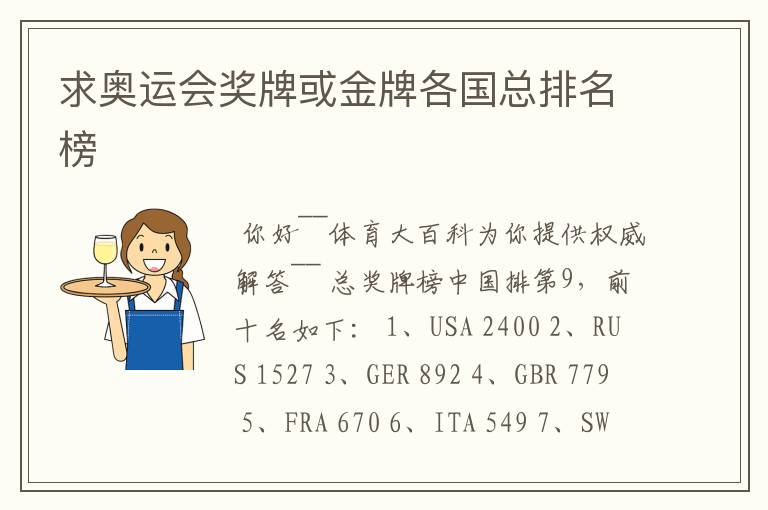 求奥运会奖牌或金牌各国总排名榜
