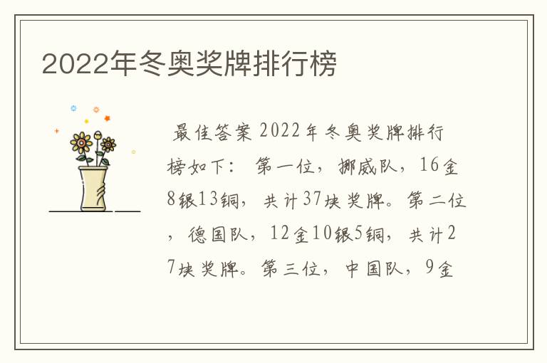 2022年冬奥奖牌排行榜