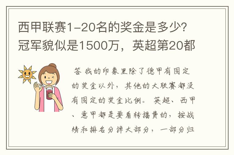 西甲联赛1-20名的奖金是多少?冠军貌似是1500万,英超第20都是4000万呀!