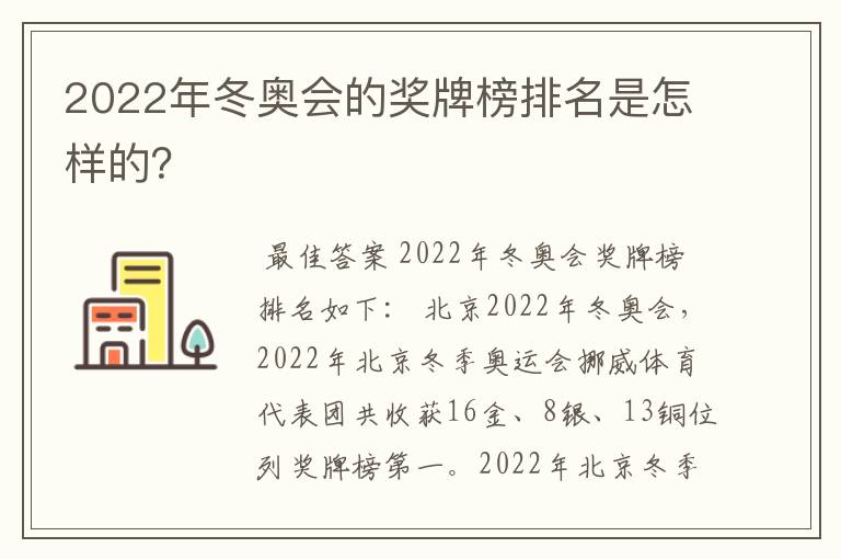 2022年冬奥会的奖牌榜排名是怎样的?