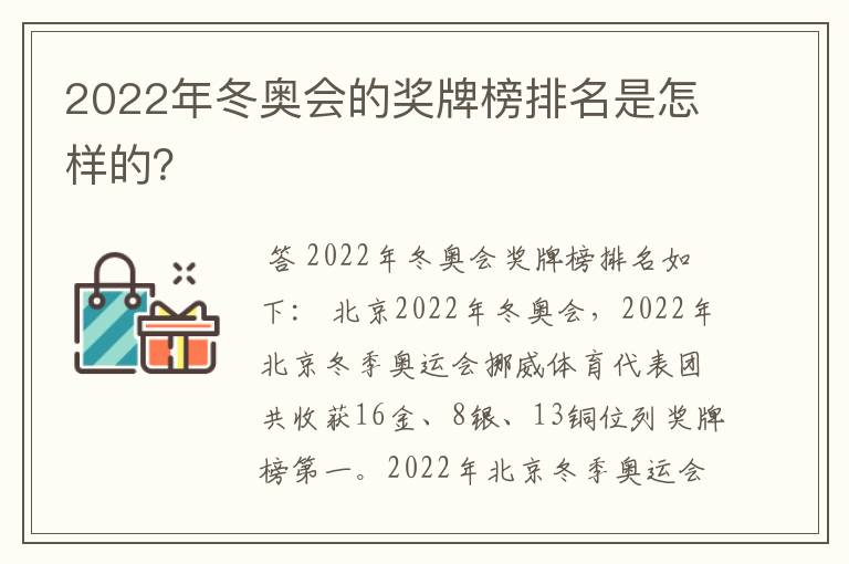 2022年冬奥会的奖牌榜排名是怎样的?