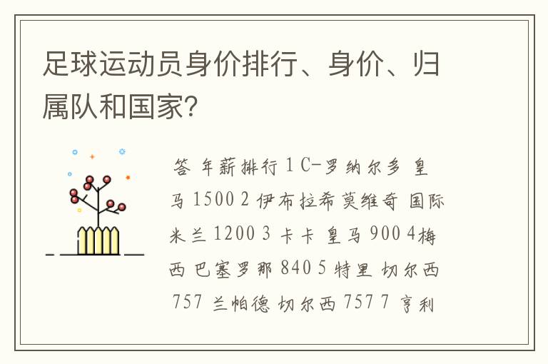 足球运动员身价排行、身价、归属队和国家?