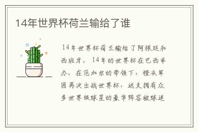 14年世界杯荷兰输给了谁