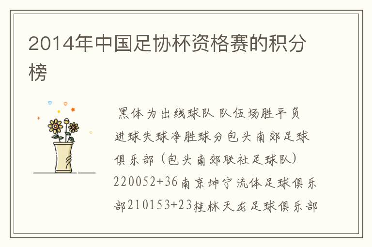2014年中国足协杯资格赛的积分榜