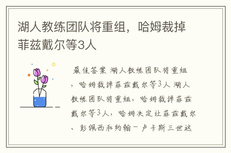 湖人教练团队将重组,哈姆裁掉菲兹戴尔等3人