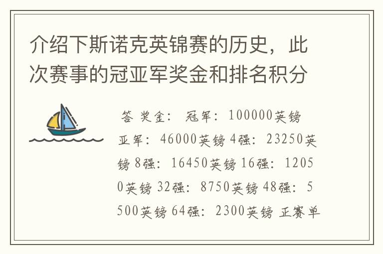 介绍下斯诺克英锦赛的历史,此次赛事的冠亚军奖金和排名积分各是多少?