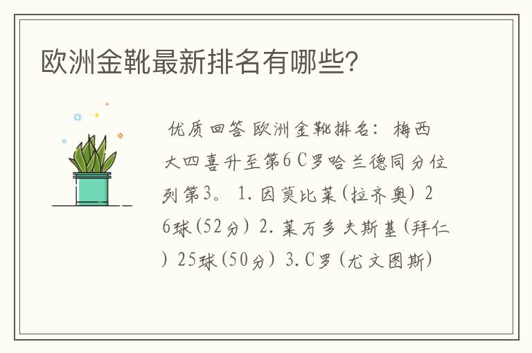 欧洲金靴最新排名有哪些?