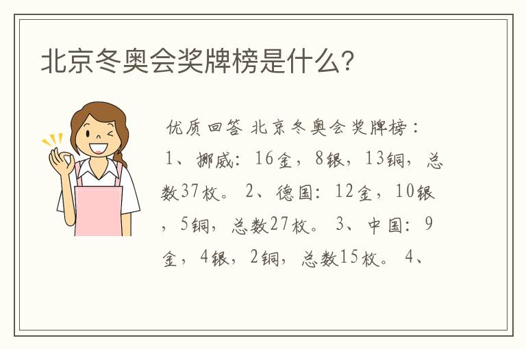 北京冬奥会奖牌榜是什么?