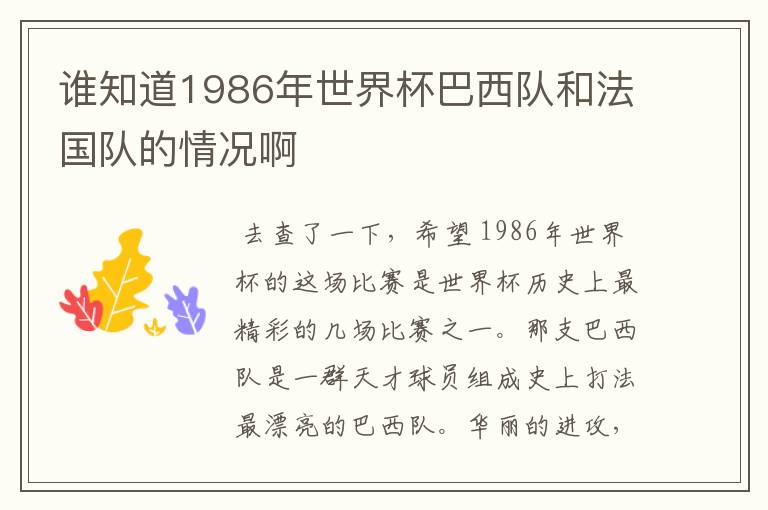 谁知道1986年世界杯巴西队和法国队的情况啊