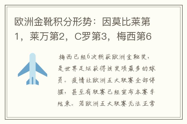 欧洲金靴积分形势:因莫比莱第1,莱万第2,C罗第3,梅西第6