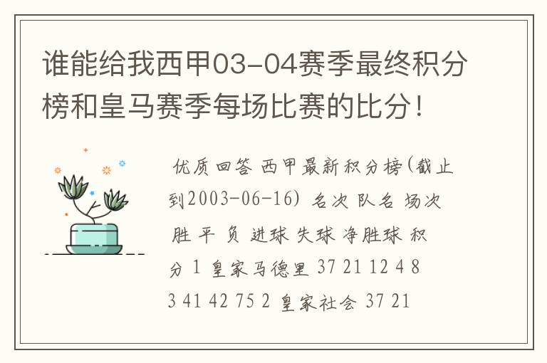 谁能给我西甲03-04赛季最终积分榜和皇马赛季每场比赛的比分!