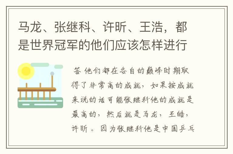马龙、张继科、许昕、王浩,都是世界冠军的他们应该怎样进行实力上的排序?