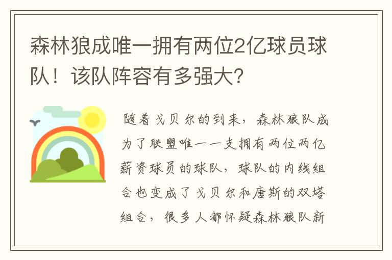 森林狼成唯一拥有两位2亿球员球队!该队阵容有多强大?