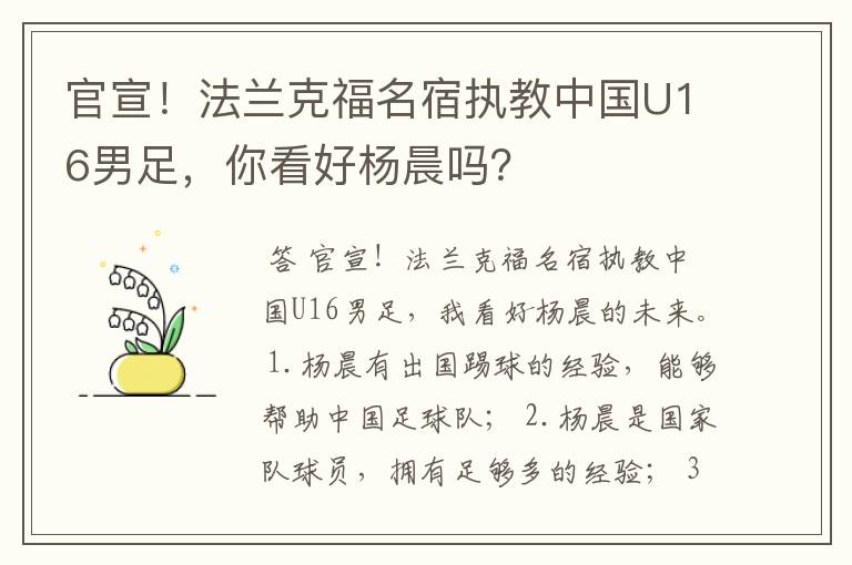 官宣!法兰克福名宿执教中国U16男足,你看好杨晨吗?