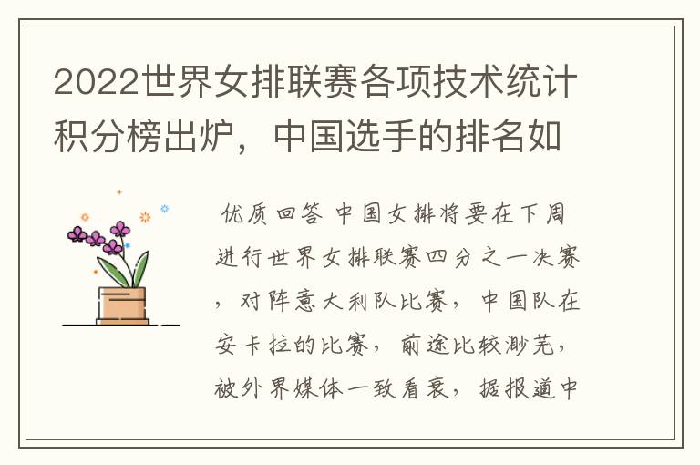 2022世界女排联赛各项技术统计积分榜出炉,中国选手的排名如何?