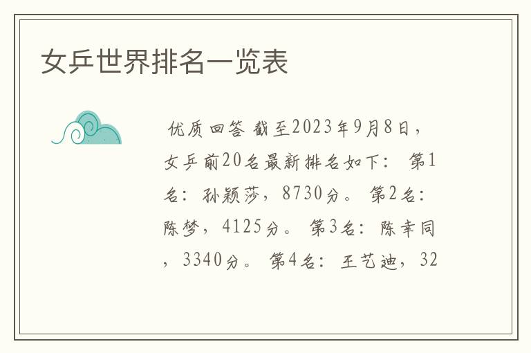 女乒世界排名一览表