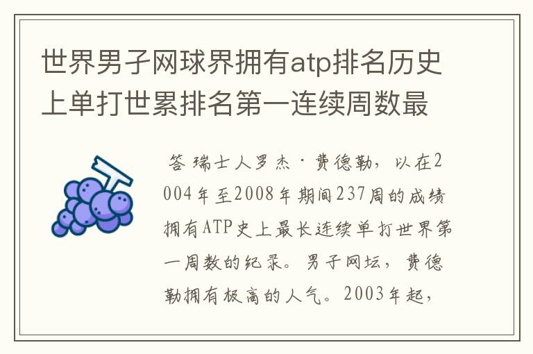 世界男孑网球界拥有atp排名历史上单打世累排名第一连续周数最长的纪录是谁