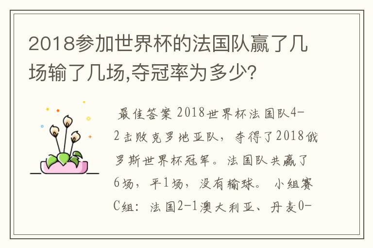 2018参加世界杯的法国队赢了几场输了几场,夺冠率为多少？