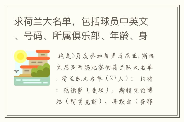 求荷兰大名单,包括球员中英文、号码、所属俱乐部、年龄、身高、位置。有曾效力的球队最好