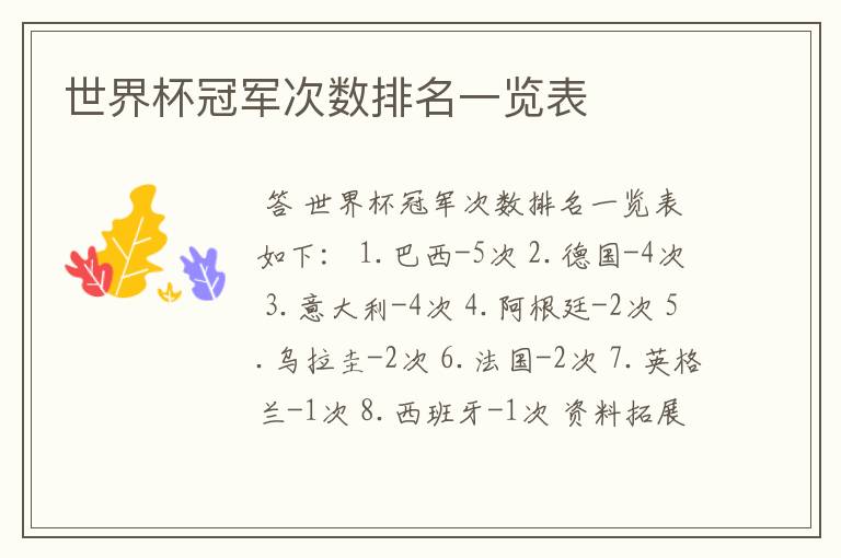 世界杯冠军次数排名一览表