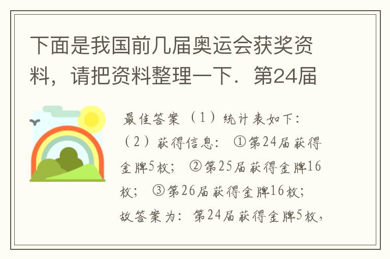 下面是我国前几届奥运会获奖资料,请把资料整理一下.第24届:金牌5枚、银牌17枚、铜牌25枚;第25届:金