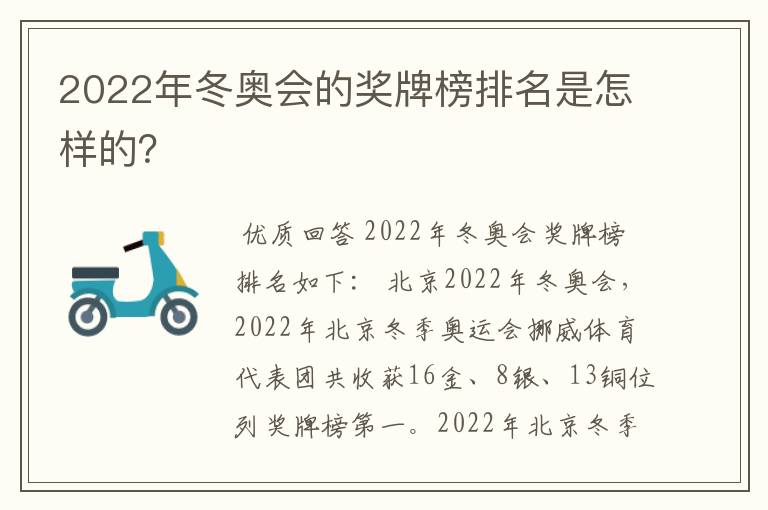 2022年冬奥会的奖牌榜排名是怎样的?