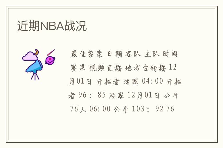近期NBA战况
