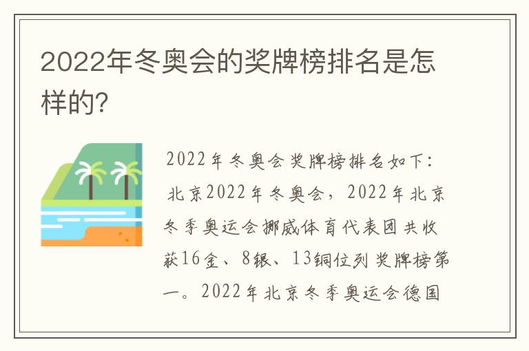 2022年冬奥会的奖牌榜排名是怎样的？