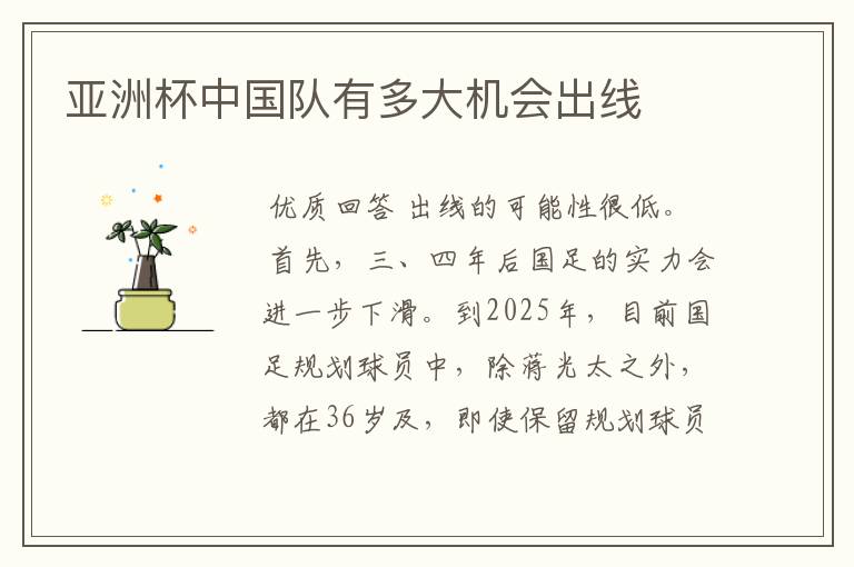 亚洲杯中国队有多大机会出线